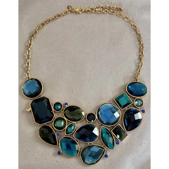 Vintage Joan Rivers Blue Teal Crystal Bib Necklace Gold Tone Statement - Picture 3 of 7